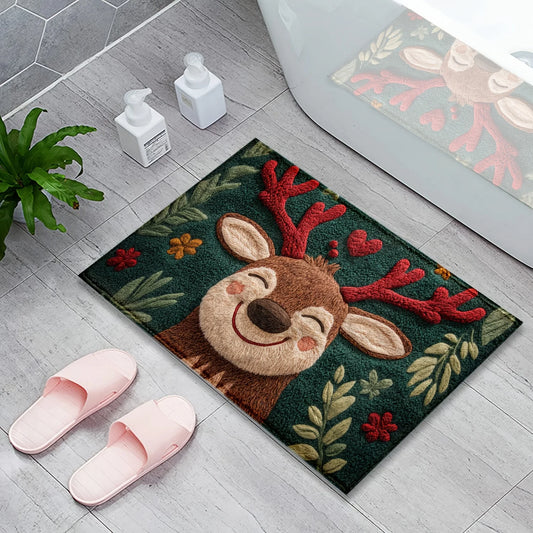 Decorative doormat with a reindeer design on a floor next to pink slippers.