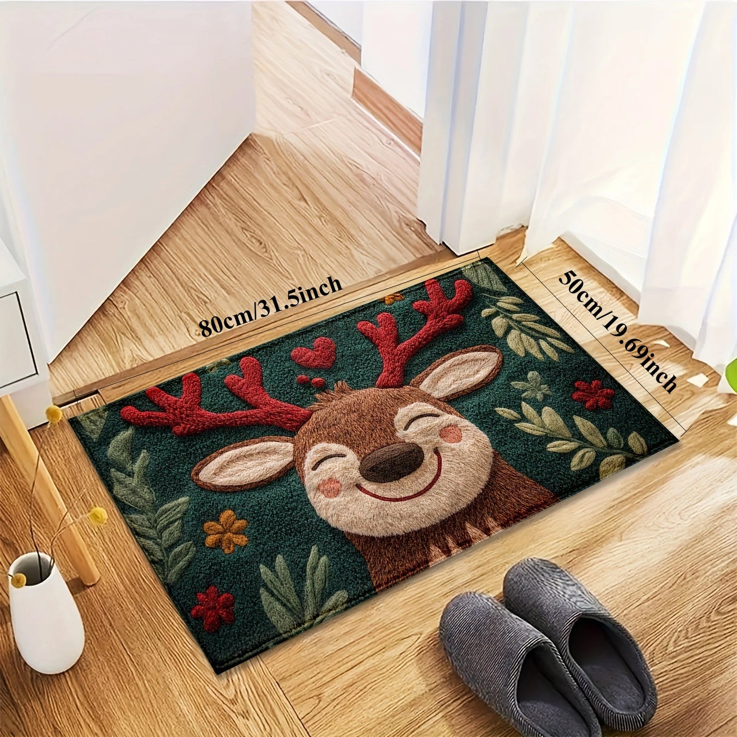 Decorative doormat with a reindeer design on a wooden floor.