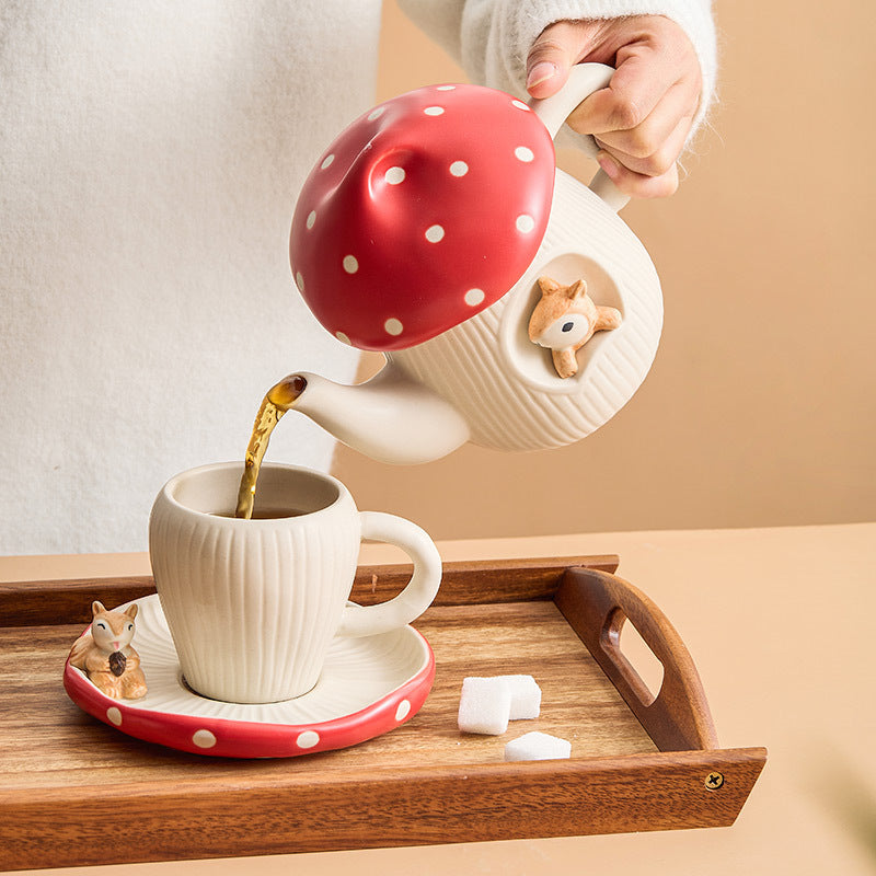 Mushroom Ceramic Tea Kettle Coffee Set Whimsical Kitchen Decor