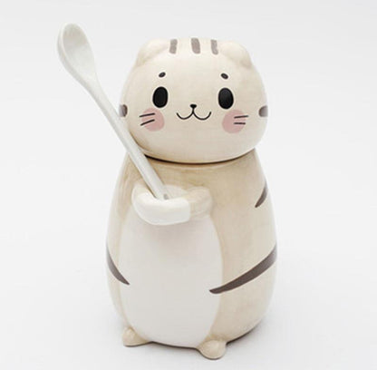 Hand Painted Cute Cat Ceramic Mug With Spoon