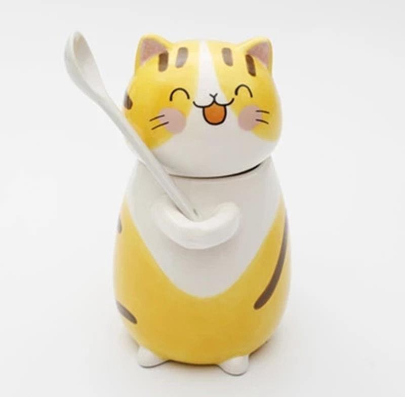 Hand Painted Cute Cat Ceramic Mug With Spoon