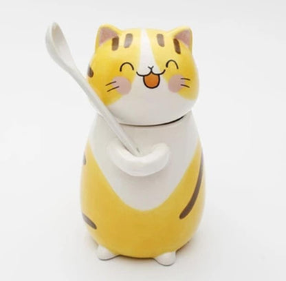 Hand Painted Cute Cat Ceramic Mug With Spoon