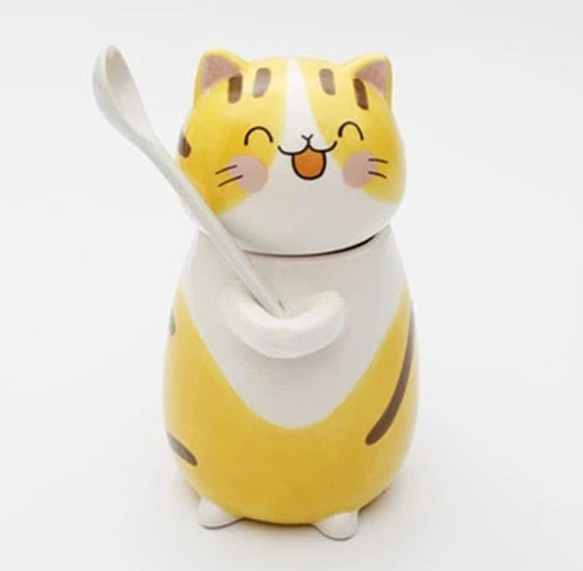 Hand Painted Cute Cat Ceramic Mug With Spoon
