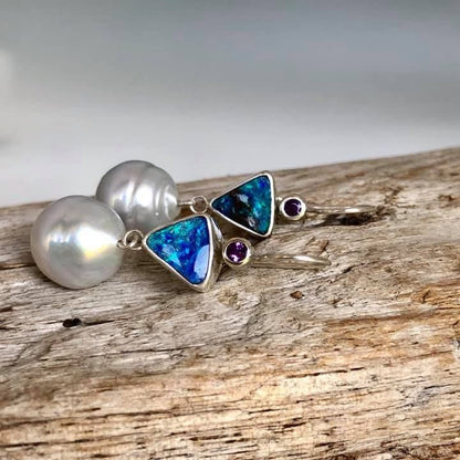 Purple Cuckoo Felsenmeer Blue Opal Pearl Earrings
