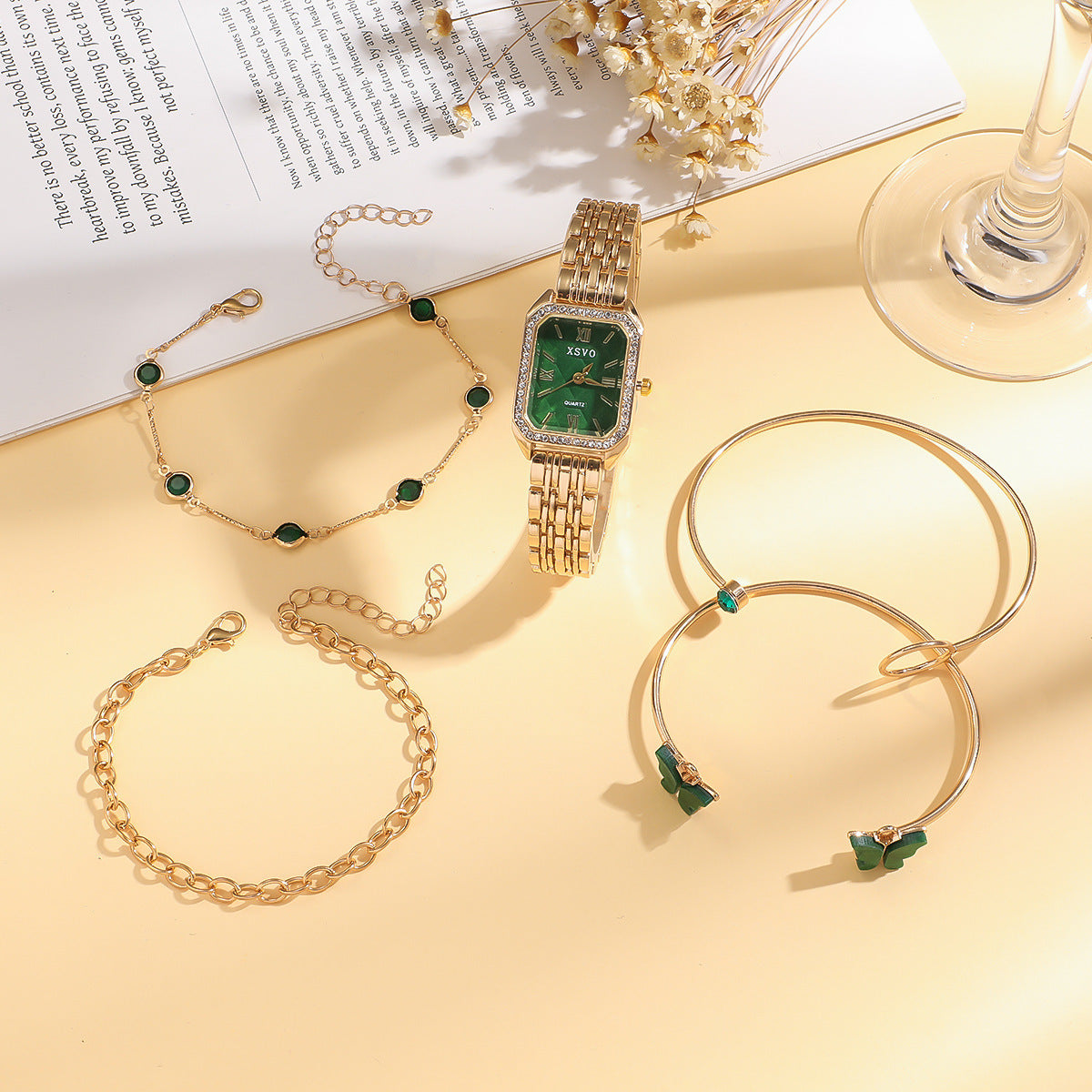 Wild Emerald Square Watch and Butterfly Bracelets 5pcs Set