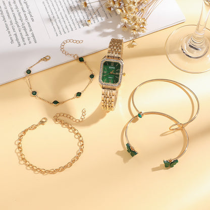 Wild Emerald Square Watch and Butterfly Bracelets 5pcs Set