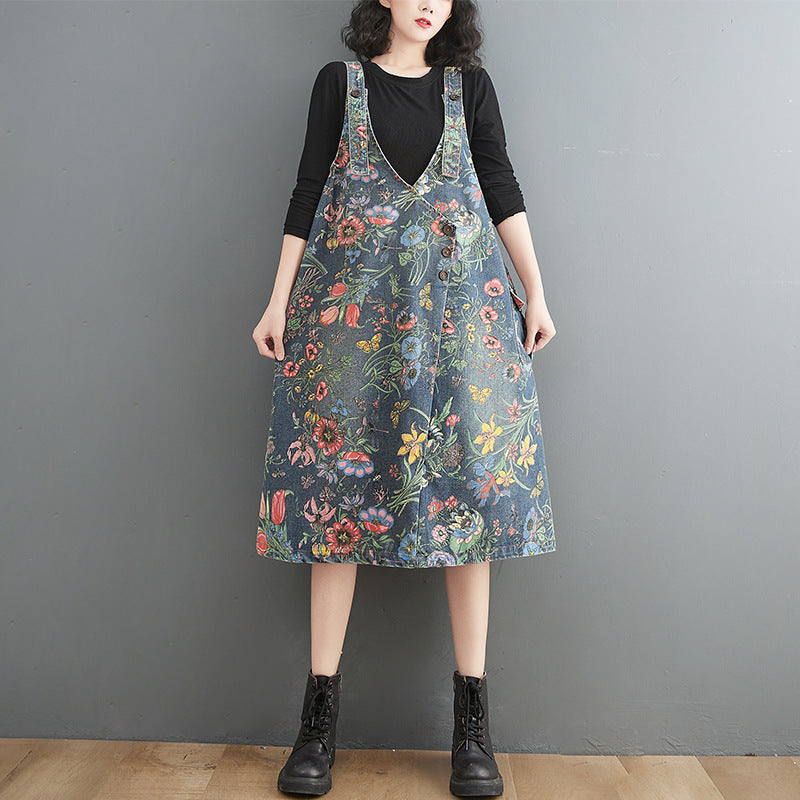 Artistic Style Floral Denim Suspender Skirt