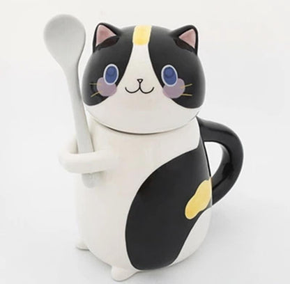 Hand Painted Cute Cat Ceramic Mug With Spoon