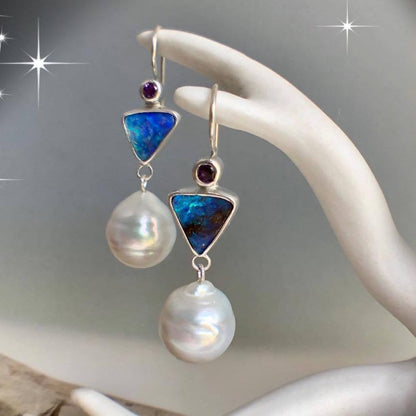 Purple Cuckoo Felsenmeer Blue Opal Pearl Earrings
