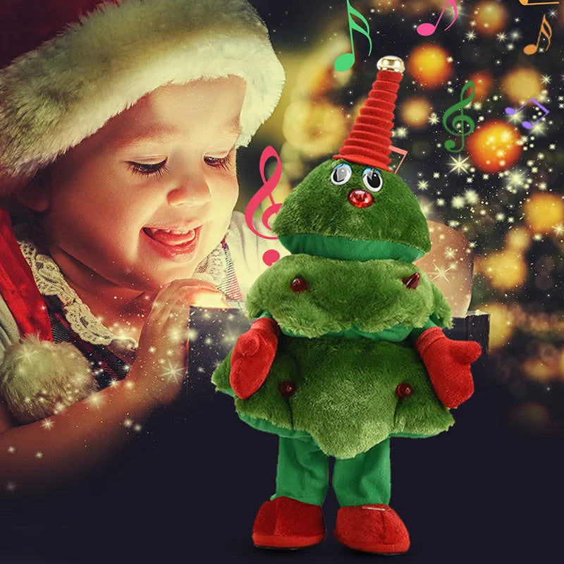 Child with a plush toy resembling a Christmas tree with animated features against a festive background.