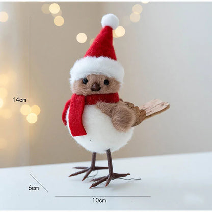 Small bird figurine wearing a Santa hat and scarf with measurements on a light background