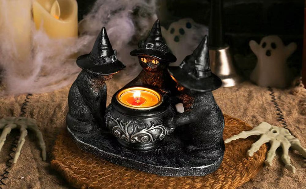 Black Witch Cats Candle Holder