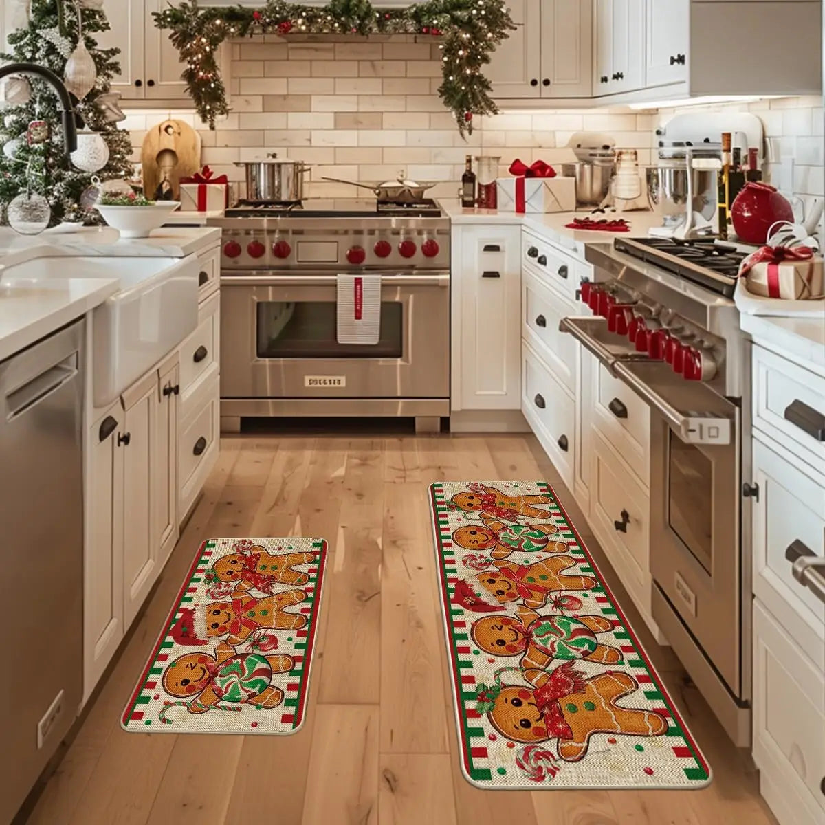 Kitchen with gingerbread-themed mats on the floor, decorated for Christmas.