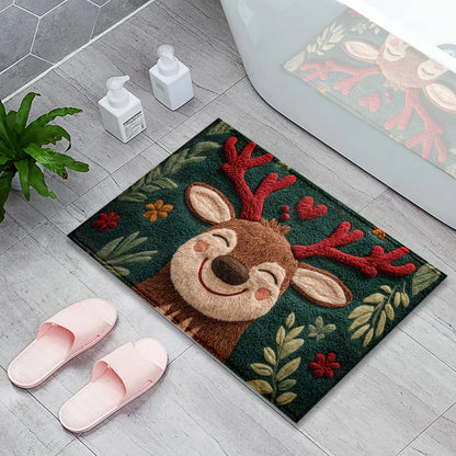 Decorative doormat with a reindeer design on a floor next to pink slippers.