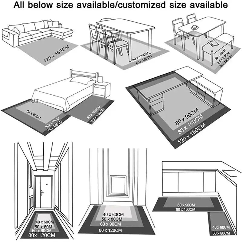 Diagram showing various room layouts with dimensions of rugs and mats.