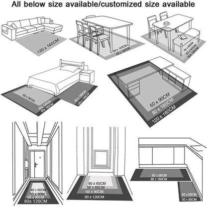Diagram showing various room layouts with dimensions of rugs and mats.