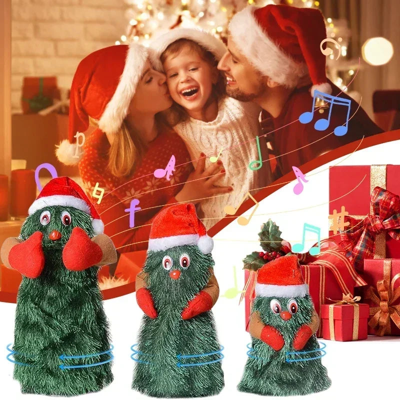 Two green animated trees with red hats and noses in front of a family celebrating Christmas.