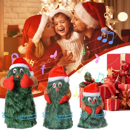 Two green animated trees with red hats and noses in front of a family celebrating Christmas.