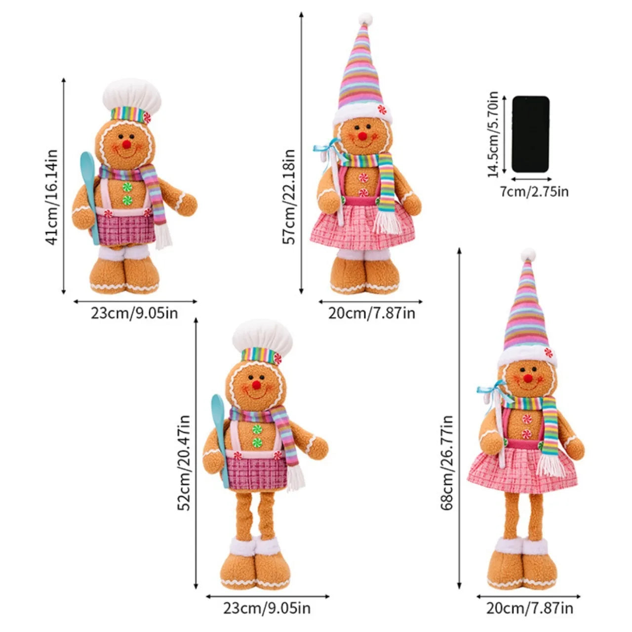 Gingerbread man plush toys with measurements on a white background