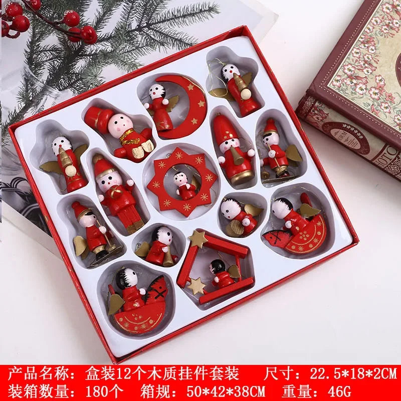 Set of wooden Christmas decorations in a box with a decorative background