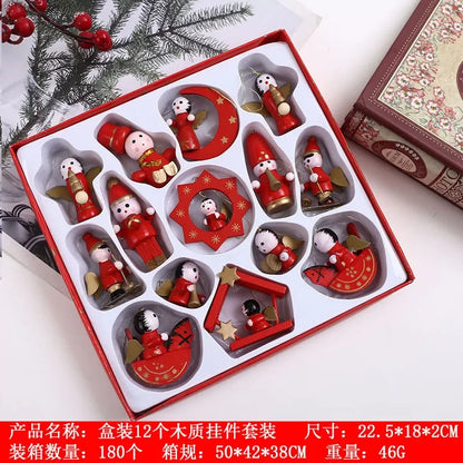 Set of wooden Christmas decorations in a box with a decorative background