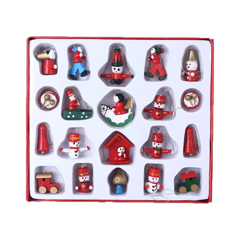 Set of Christmas-themed figurines in clear plastic cases on a white background