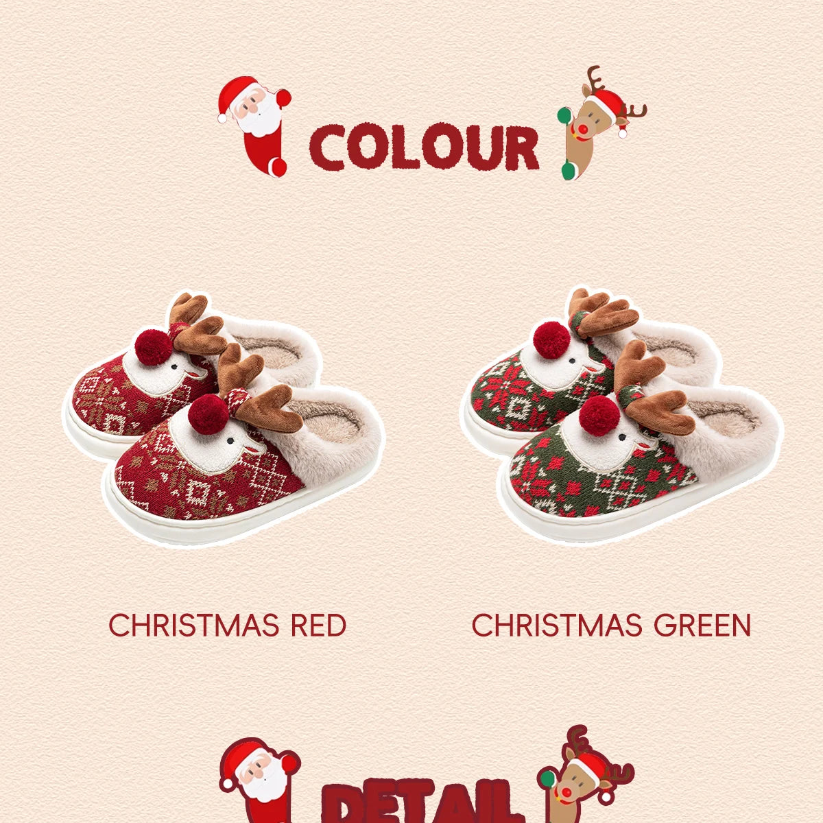 Two pairs of Christmas-themed slippers, one red and one green, on a beige background.