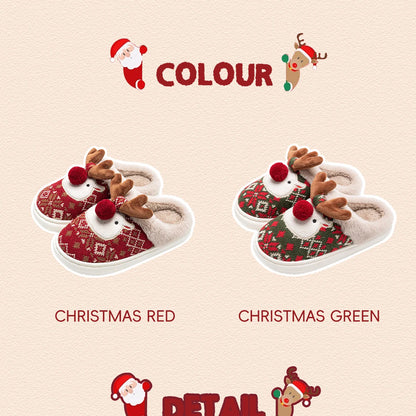 Two pairs of Christmas-themed slippers, one red and one green, on a beige background.
