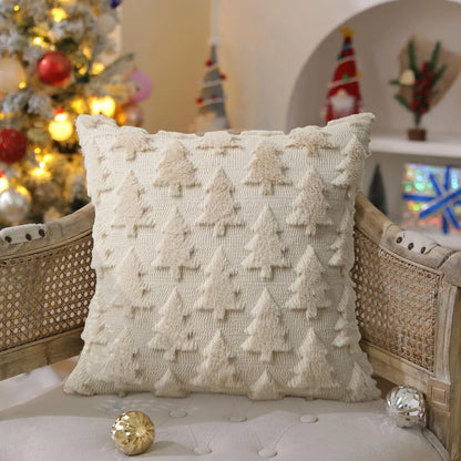 Decorative pillow with Christmas tree pattern on a chair with festive background