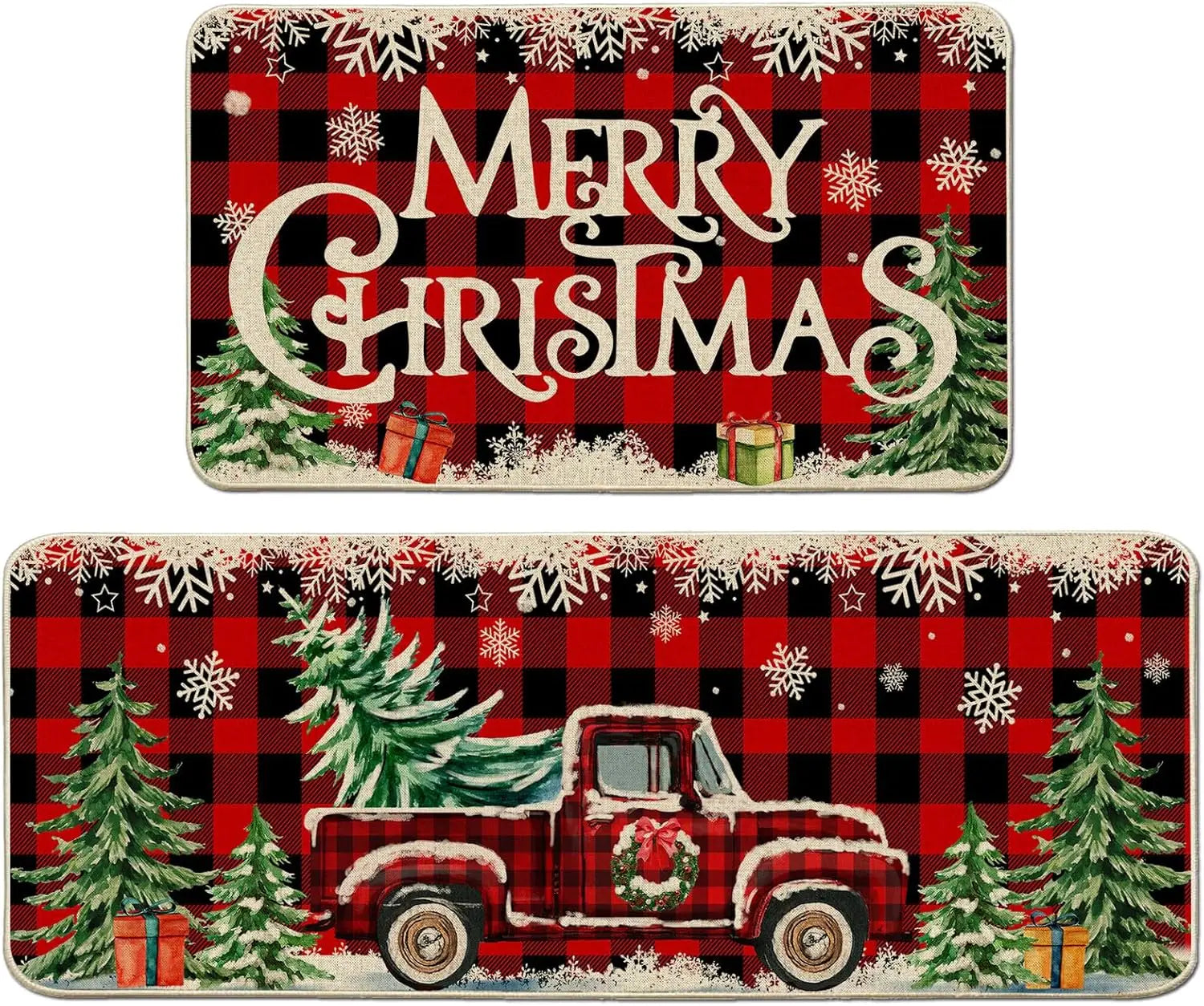 Two Christmas-themed license plates with plaid patterns, trees, and a red truck.