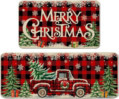 Two Christmas-themed license plates with plaid patterns, trees, and a red truck.
