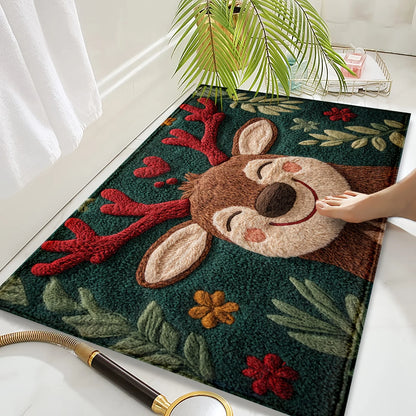 Decorative doormat with a reindeer design on a white floor.