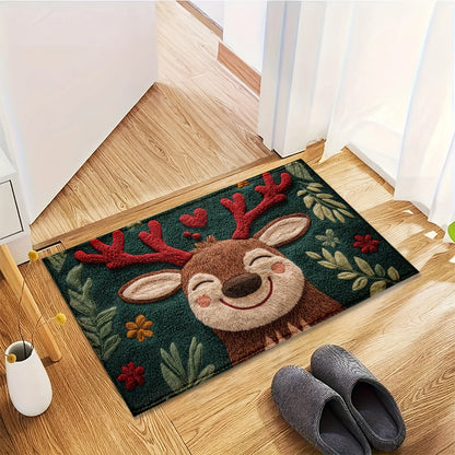 Decorative doormat with a reindeer design on a wooden floor.