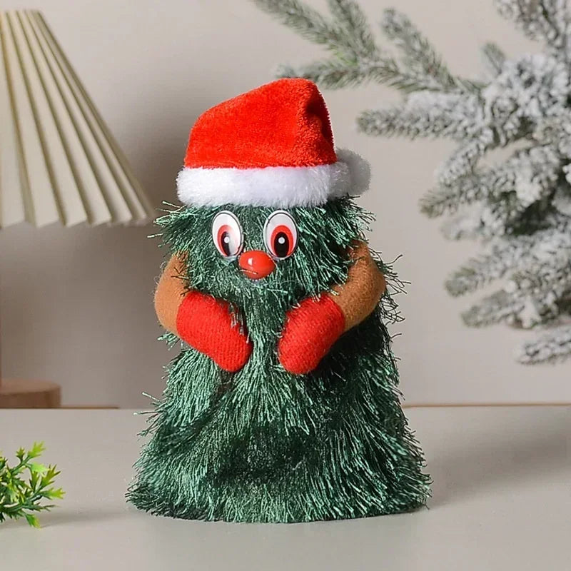 Toy resembling a Christmas tree with a red hat and brown hands on a neutral background