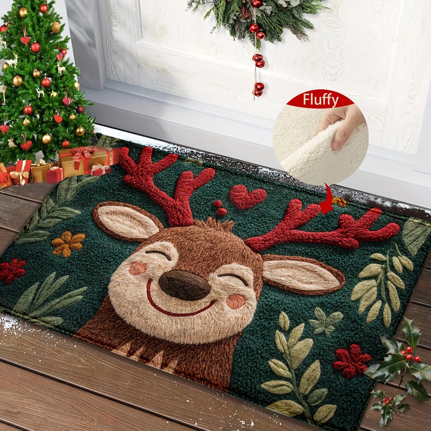Decorative doormat with reindeer design in front of a Christmas tree