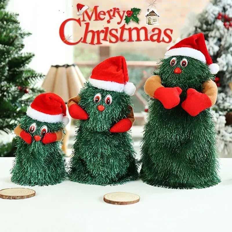 Three green Christmas tree-shaped figurines with Santa hats and red bows on a snowy background with 'Merry Christmas' text.