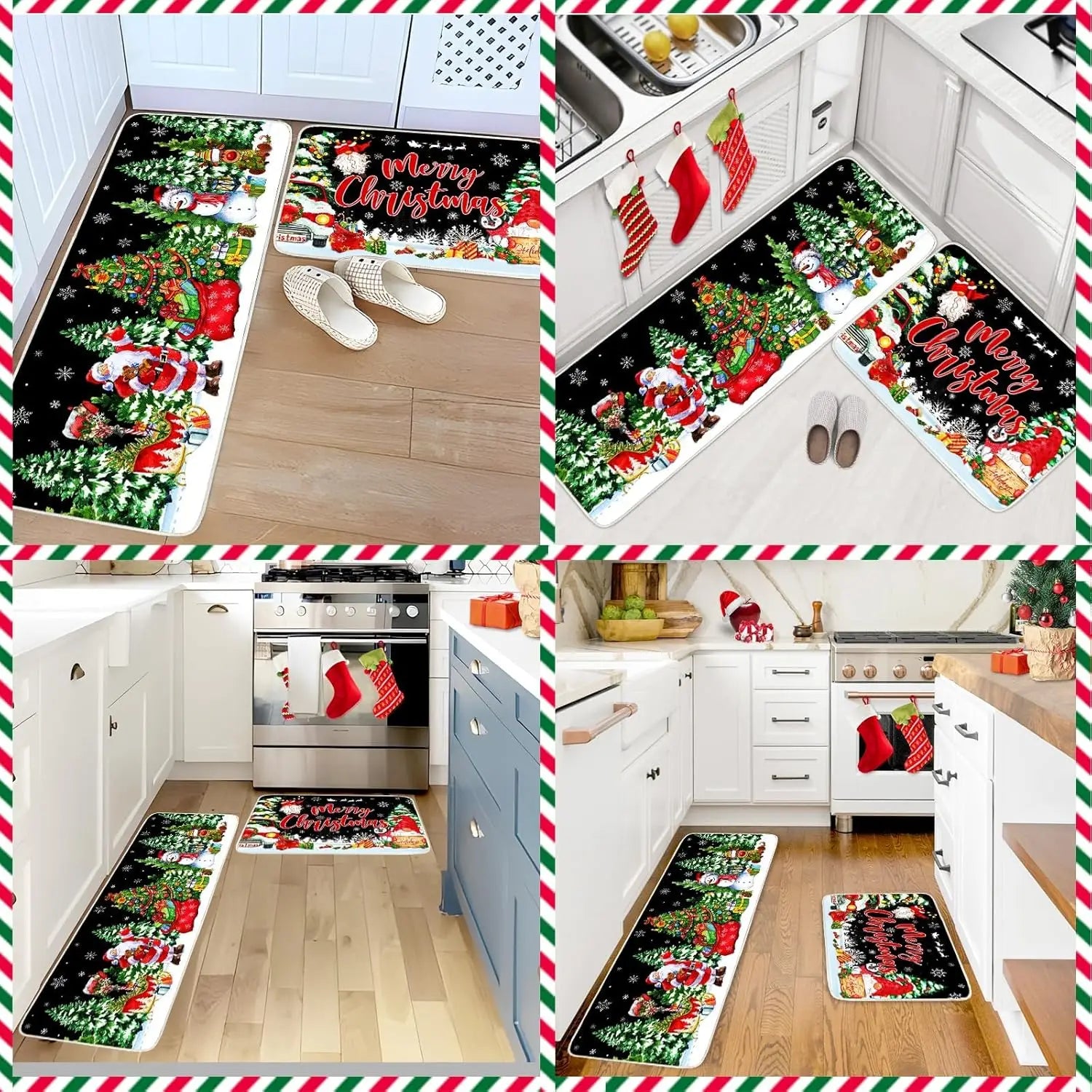Collage of Christmas-themed kitchen mats in various settings