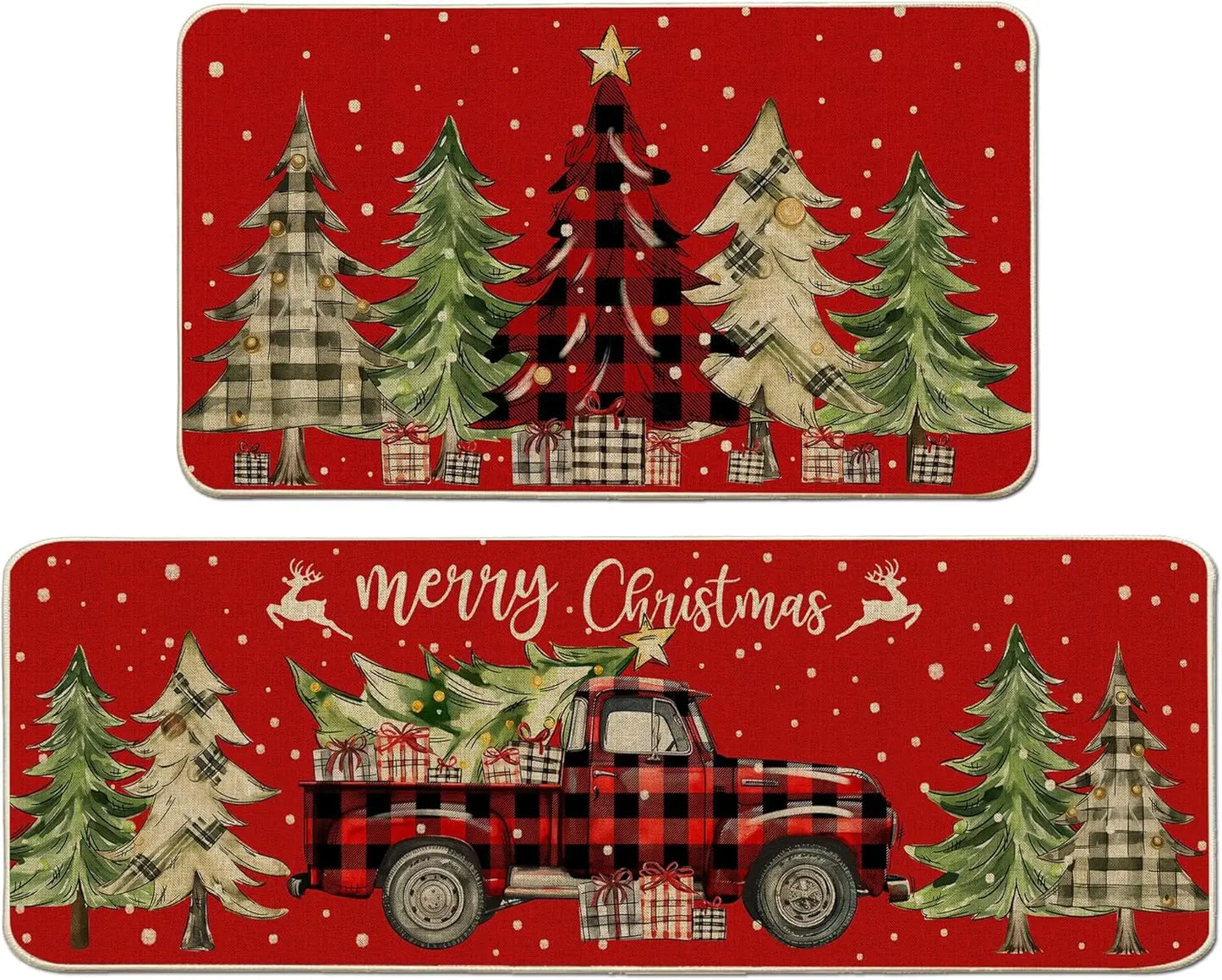 Set of two Christmas-themed placemats with trees and a truck on a red background.