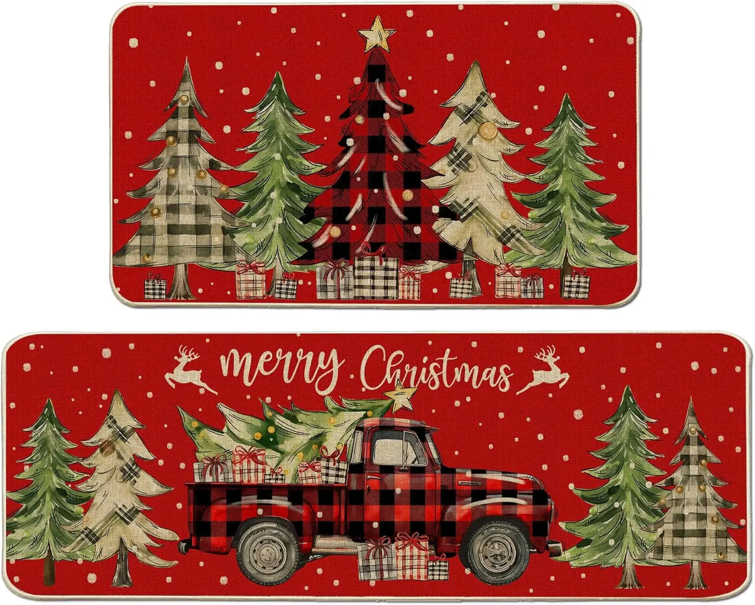 Set of two Christmas-themed placemats with trees and a truck on a red background.