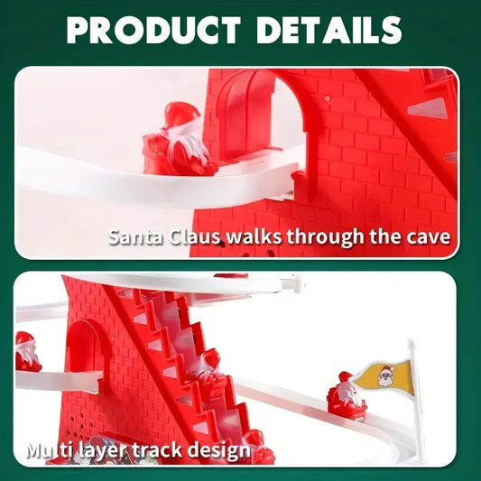Product details of a toy set with Santa Claus and a multi-layer track design on a green background.