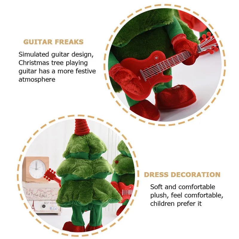 Green Christmas tree-shaped plush toy with red guitar and shoes, dressed as a guitar player.
