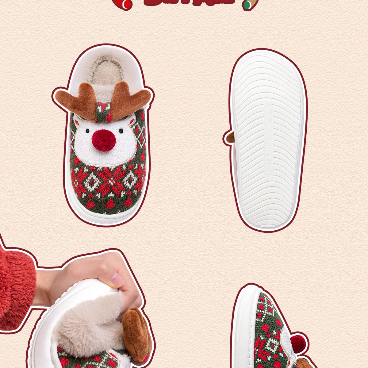 Christmas-themed slippers with reindeer design on a beige background