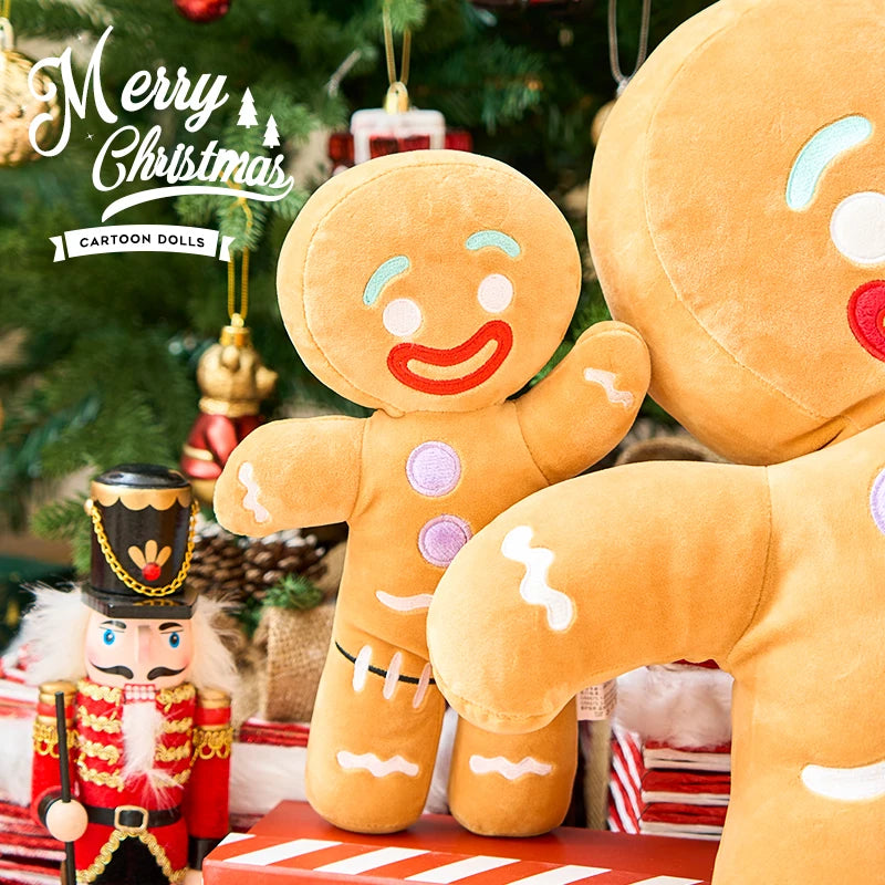 Plush gingerbread man toys with a Christmas tree and nutcracker in the background