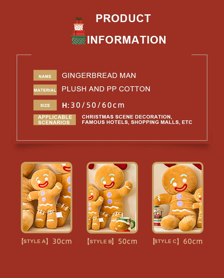 Product information card for a gingerbread man plush toy on a red background