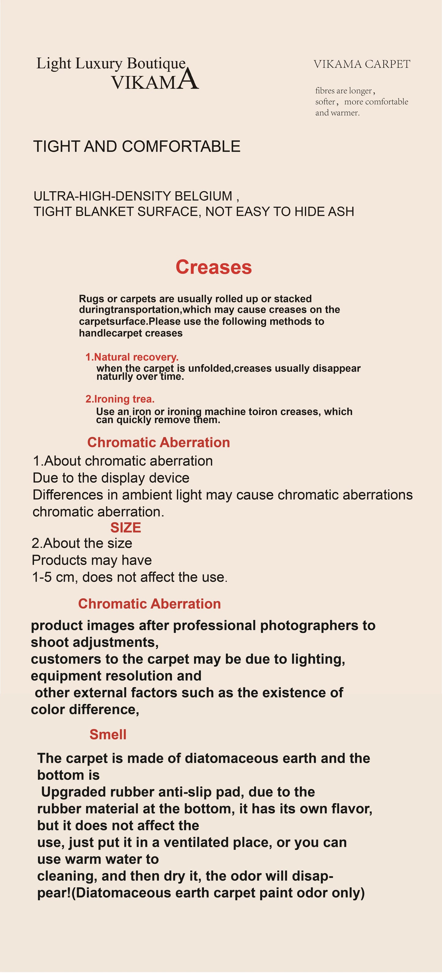 Text document with product details and information about a carpet brand on a beige background