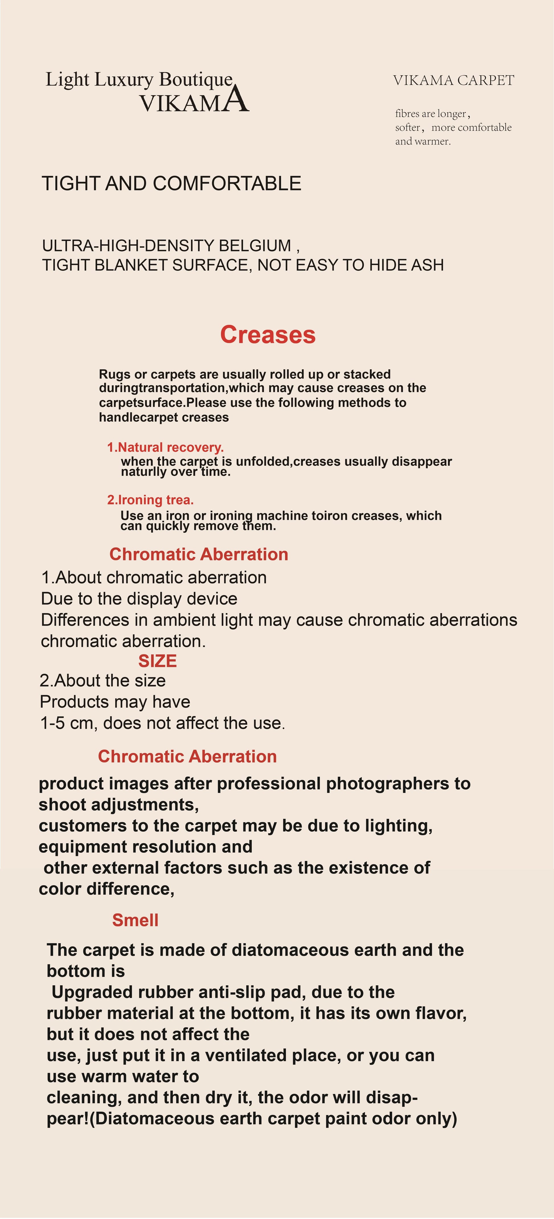 Text document with product details and information about a carpet brand on a beige background