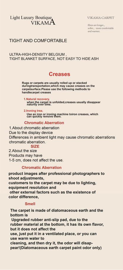 Text document with product details and information about a carpet brand on a beige background
