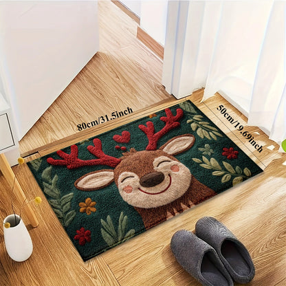 Decorative doormat with a reindeer design on a wooden floor.