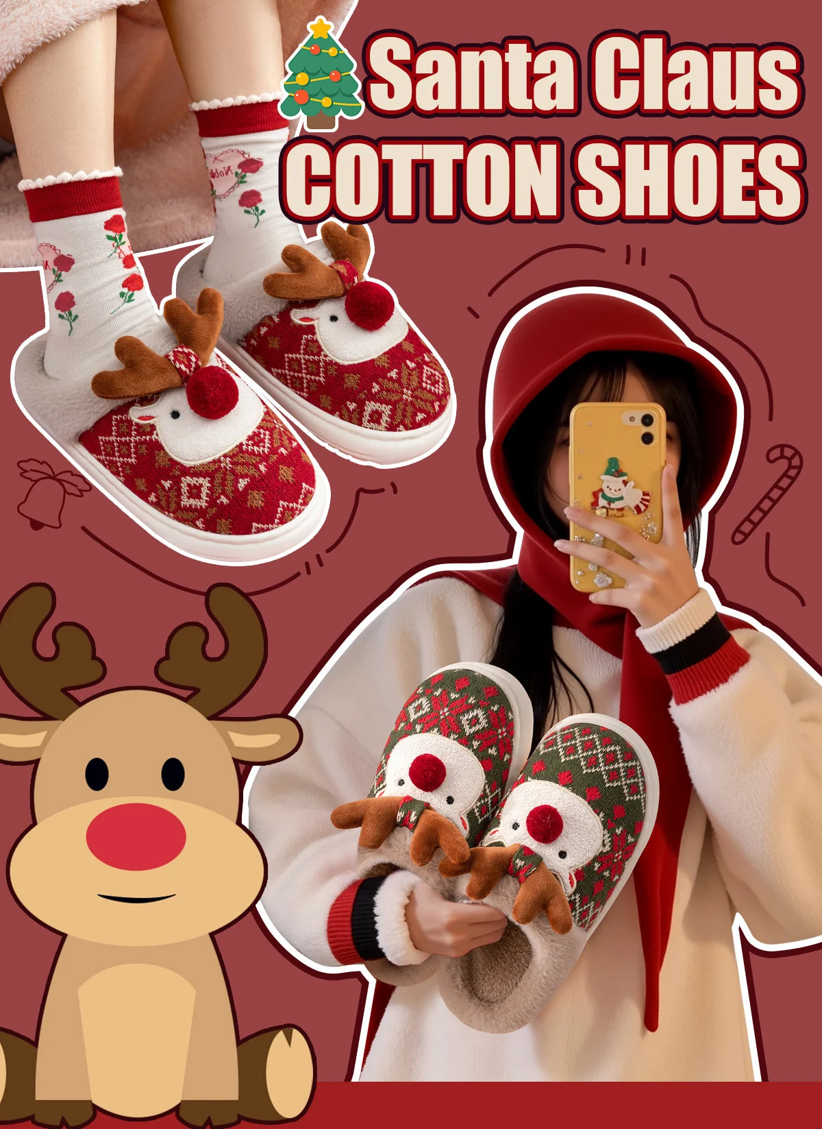 Christmas-themed cotton shoes with reindeer design, shown on a person and displayed with cartoon illustrations.