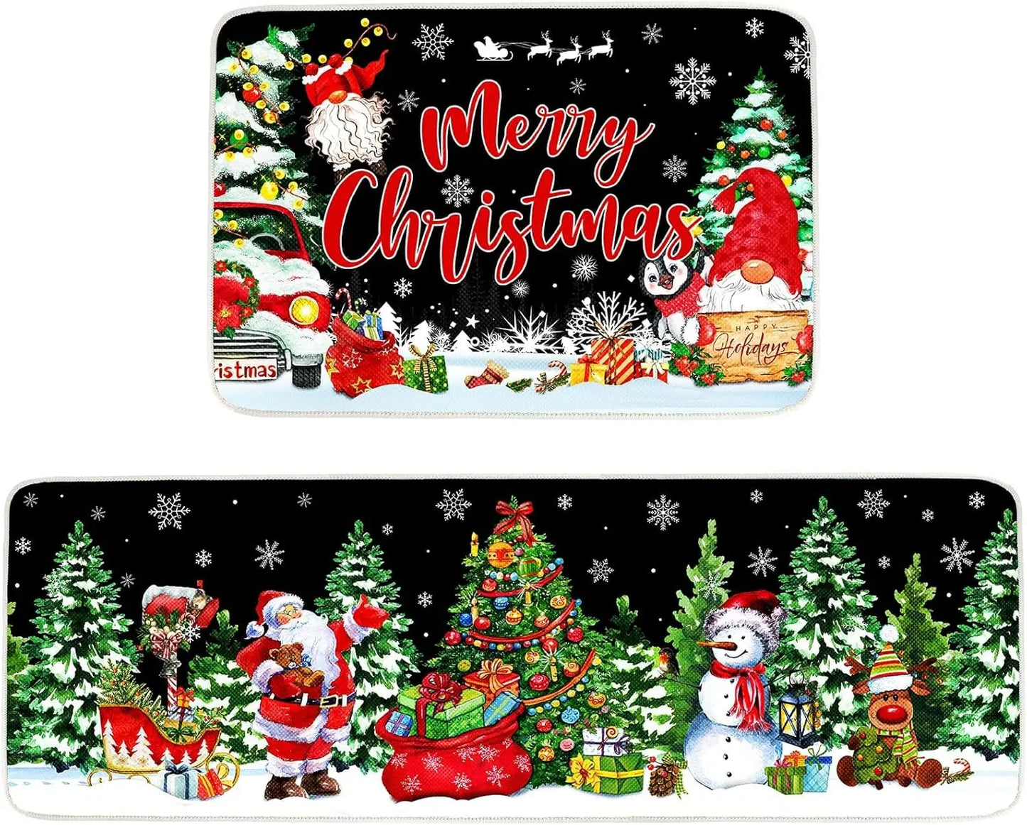 Set of two Christmas-themed placemats with Santa Claus, snowmen, and trees on a black background.